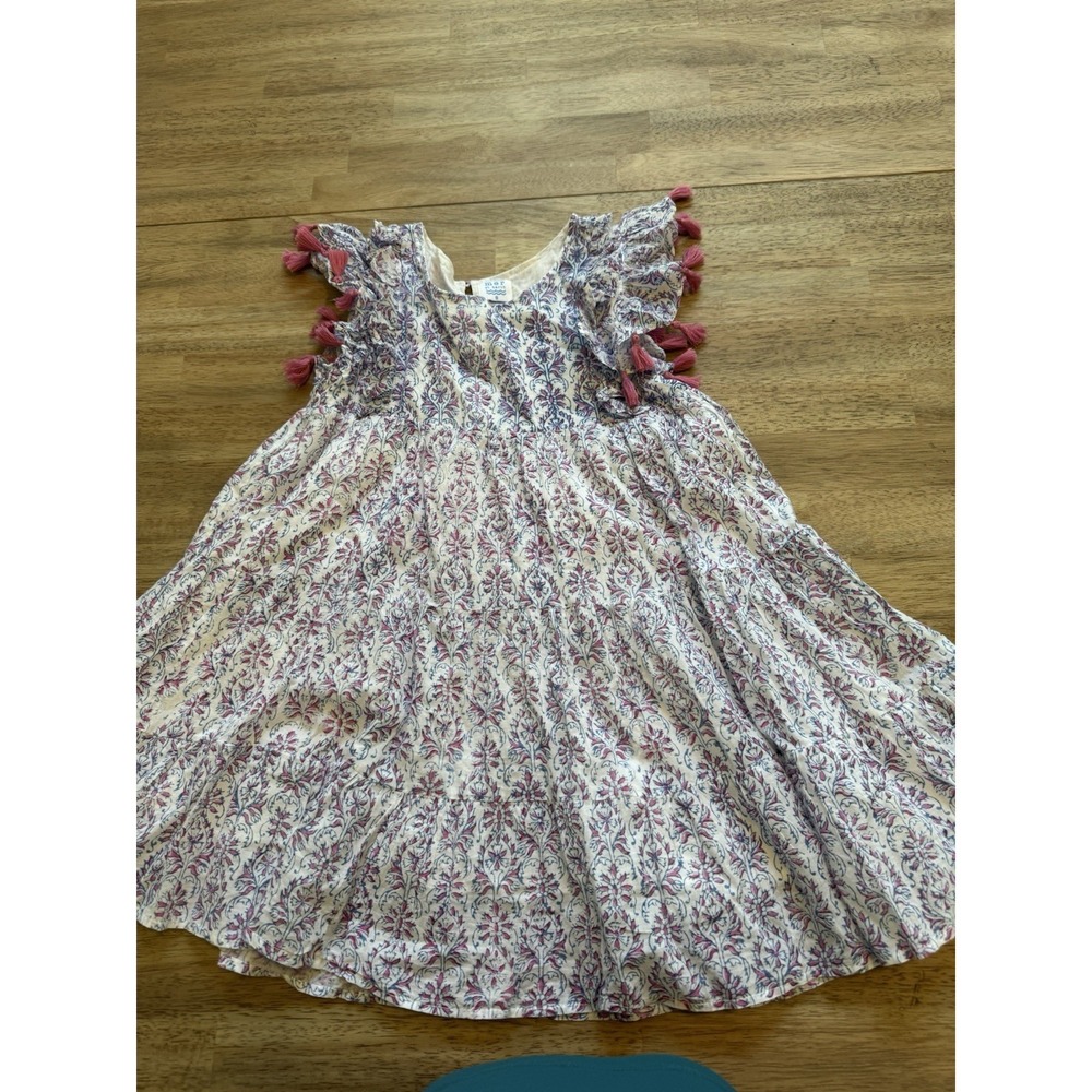 Mer St Barth Girls Dress Sophie Tassel Block Print Blue Pink Cotton 8